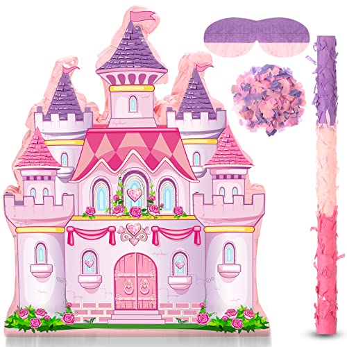 Princess Castle Pinata Bundle Girl Princess Party Pinata Set Include Pink Castle Pinata Bat Stick and Blindfold Mask for Princess Theme Birthday Party Supplies Decor, 16.1 x 13.4 x 3.2 Inch