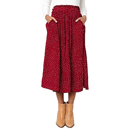 Exlura Womens High Waist Polka Dot Pleated Skirt Midi Swing Skirt with Pockets Red Medium