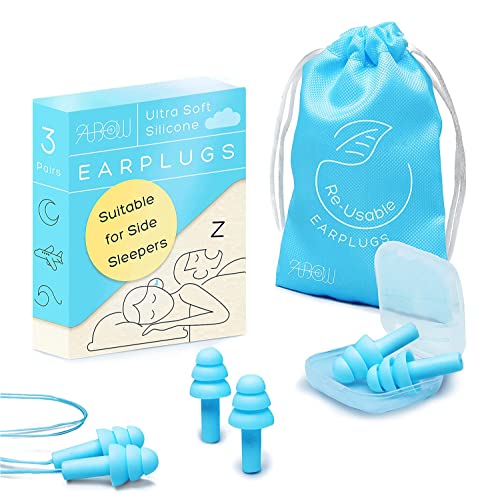 ANBOW Soft Ear Plugs for Sleeping Noise Cancelling. Ear Plugs for Swimming, Concerts, Travel, Work, Snoring & Concentration. Reusable Silicone Earplugs with Adjustable Size. 3 Pairs + Travel Pouch