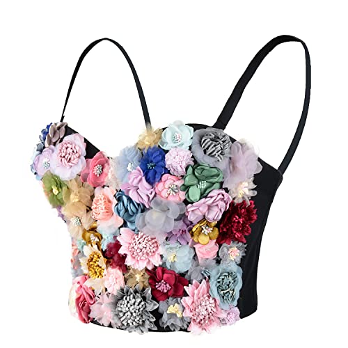ELLACCI Women's 3D Floral Bustier Crop Top Wedding Party Club Bra Tops Medium Black