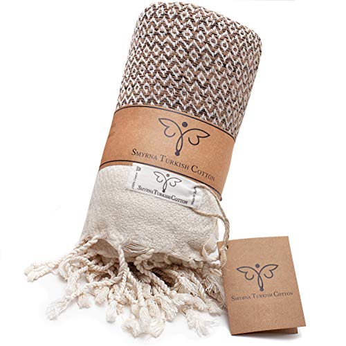 SMYRNA TURKISH COTTON 50 x 60 inches Large Throw Blanket, Vintage Series, 100% Oeko-Tex Cotton, Machine Wash, Super Soft, Outdoor Throws and Blankets for Couch, Sofa, Bed, Beach, Picnic, Latte