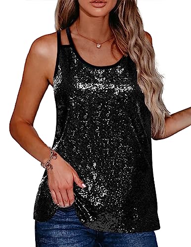 Zeagoo Womens Sparkle & Shine Glitter Sequin Embellished Sleeveless Round Neck Tank Top Black