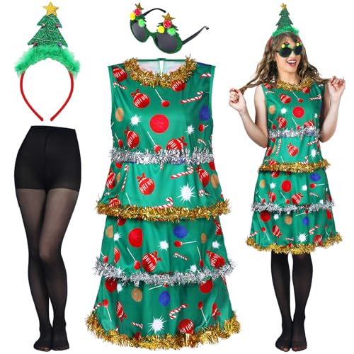 Liitrsh 4 Pcs Christmas Tree Costumes for Women Christmas Tree Dress Christmas Tree Outfit Adult Black Skinny Leggings Headband Glasses for Christmas Party Accessories