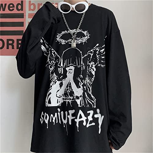 SILKKOBO Black Fashion Angel T-Shirt Hip Hop Men Autumn Long Sleeve Loose T-Shirt Casual Oversized Tee Soft Tops Male,Black,M