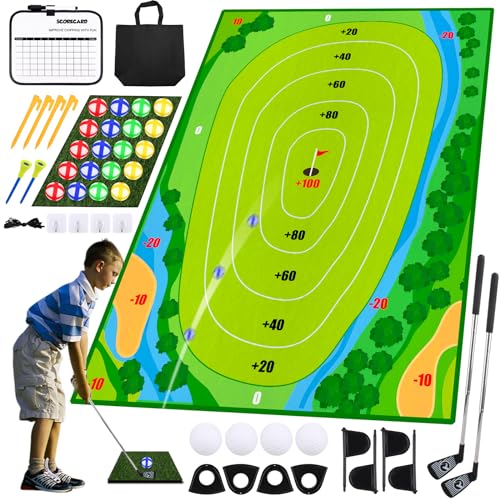 DUYOYU Kids Golf Chipping Game Set - Upgraded 3 in 1 Golf Clubs Set with Golf Chipping Mat, Backyard Golf Games for Adults Kids Practice Outdoor Indoor, Mini Golf Set for Children (Green)