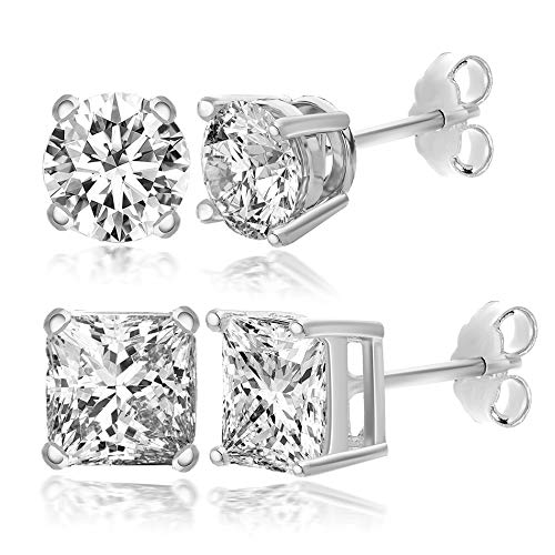 Lesa Michele Rhodium Plated 925 Sterling Silver Cubic Zirconia Round and Princess Cut Stud Earrings for Women 2 pc Set White