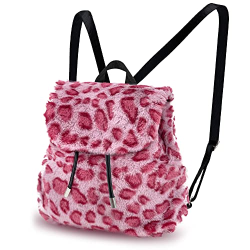 Mewcho Y2k Bag Plush Backpack Kawaii Drawstring Leopard Mini Backpack Furry Purse 11” for Women Girls Teens Kids 3 Years Up (Pink Leopard)
