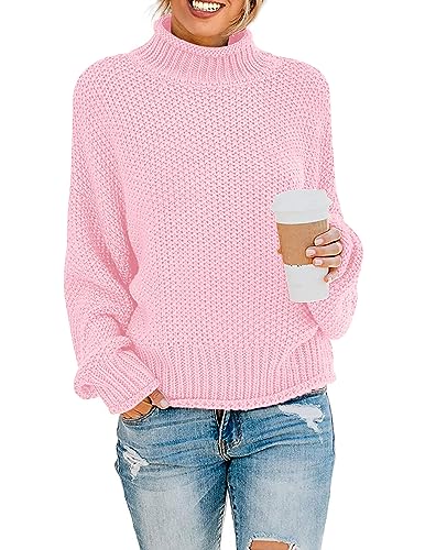 ZESICA Women's 2023 Turtleneck Batwing Sleeve Loose Oversized Chunky Knitted Pullover Sweater Jumper Tops,Pink,Small