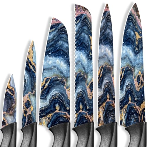 Astercook Knife Set, 12 Pcs Stratigraphic Series Kitchen Knife Set, 6 Anti-Rust Coating Stainless Steel Kitchen Knives with 6 Blade Guards, Dishwasher Safe