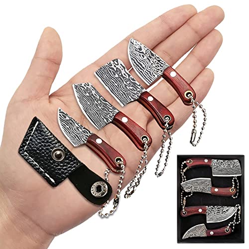 STARDW Damascus Pocket Knife Set Mini Chef Knife EDC Knife Set Tiny Knife Cleaver for Package Opener Box Cutter -4-piece set
