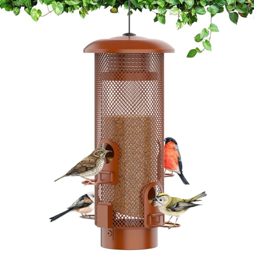 Metal Squirrel Proof Bird Feeder,Bird Feeders for Outdoors,Weight Activated Squirrel Proof Wild Bird Feeders with Finch Cardinal Chickadee,Large Capacity,Weatherproof and Durable,Reddish Brown