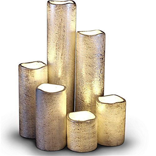 Flameless LED Candles Battery Operated with Timer Slim Set of 6, 2 Inches Wide and 2-9 Inches Tall, SilverCoated Wax and Flickering Warm White Flame for Home Decor or Wedding Decorations