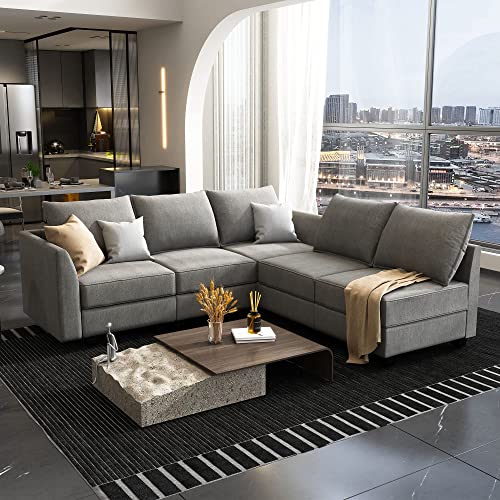 HONBAY Reversible Sectional Sofa Modern Modular Sectional Couch with Chaise L Shaped Corner Sectional 5 Seater Modular Sofa with Storage Seats, Grey