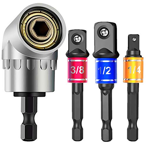 CIGOTU Impact Grade Power Hand Tools Driver Sockets Adapter Extension Set, 3pcs 1/4 3/8 1/2 In Hex Shank Drill Nut Driver Bit Set with 105° Right Angle Driver Extension Screwdriver Drill Attachment