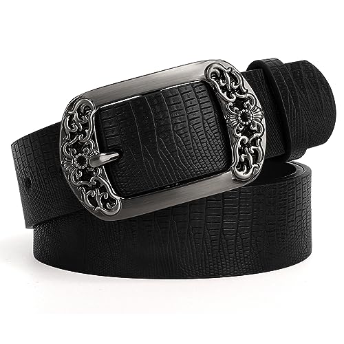WOWOGO Vintage Flower Womens Leather Belt for Jeans Dress Fashion Waist Belt Ladies Belts with Black Buckle