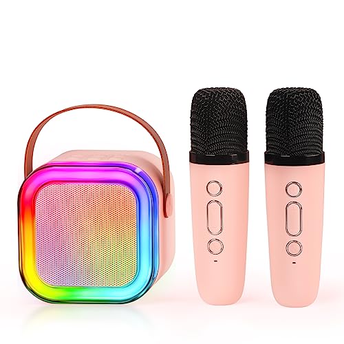 Mini Karaoke Machine for Kids, Portable Bluetooth Speaker with 2 Wireless Microphones, Gifts Toys for Girls 4, 5, 6, 7, 8, 9, 10 +Year Old Birthday Family Home Party(Pinkcolor)