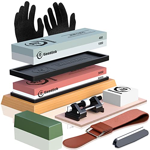 Complete Knife Sharpening Stone Kit - Goodjob Premium Japanese Whetstone Knife Sharpener Tool - Dual Grit 400/1000 3000/8000 Wet stone with Cut Resistant Gloves, Chisel Honing Guide, Bamboo Base