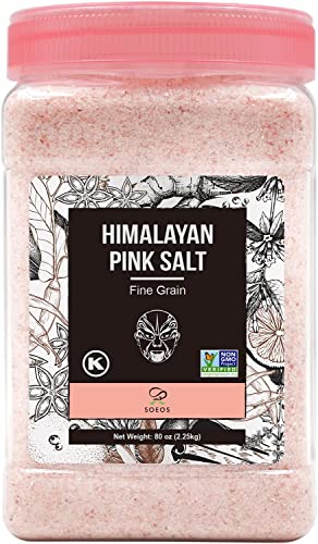 Soeos Himalayan Pink Salt, Fine Grain, 80oz (5 Pound), Non-GMO Himalayan Salt, Kosher Salt, Pink Himalayan Sea Salt Fine