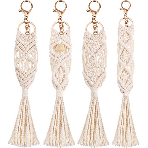 Syhood 4 Pieces Mini Macrame Keychains Boho Macrame Bag Charms with Tassels Handcrafted Accessory for Car Key Purse Phone Supplies, Beige