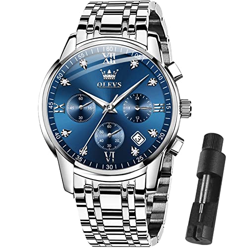 OLEVS Blue Face Watches for Men Silver Stainless Steel Watch Mens Luxury Watch Business Casual Chronograph Multifunction Mens Watches Sport Waterproof Quartz Big Face Male Watches with Date Fashion Analog Diamond Wrist Watch for Men reloj de hombre