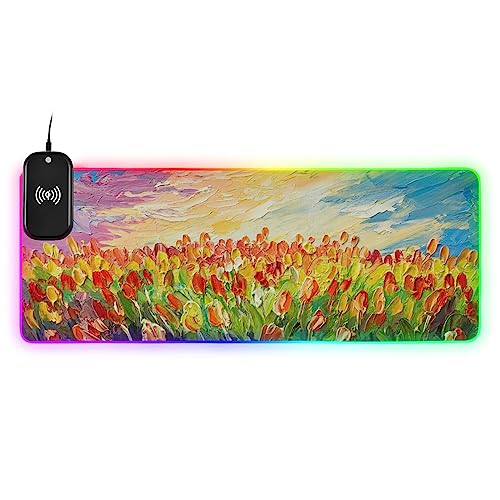 Flowers Sunrise Wireless Charging Mouse Pad for Mobile Phone Extra Large Gaming Mousepad with 13 Lighting Modes Extended Desk Mat for Office Home Gaming MacBook PC Laptop Desk