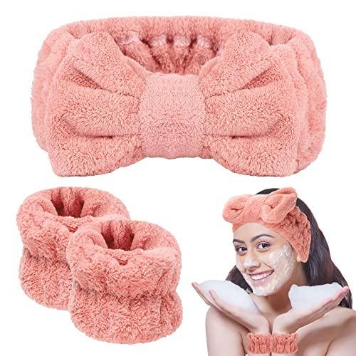 BESARME 3 Pieces Face Wash Headband and Wristband Set, Spa Headband Makeup Skincare Headbands Wrist Towels Wrist Bands for Washing Face, Christmas Gifts for Women (Pink)