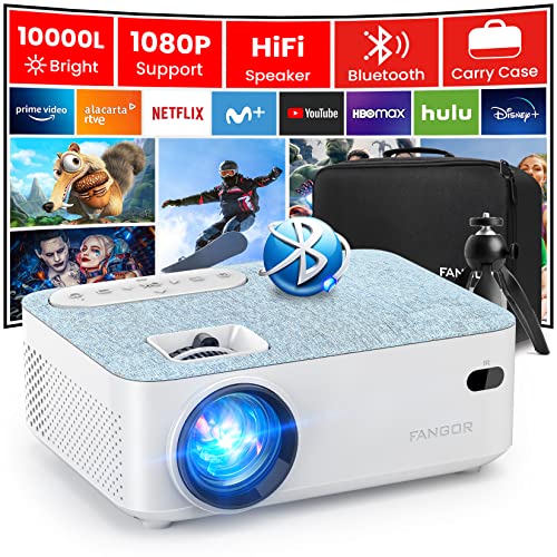 FANGOR HD Bluetooth Projector - Portable 10000L Projector for Outdoor Movie, Mini Video 1080P Supported Projector with Carry Bag & Tripod, Compatible Computer/ Laptop/ SD Cards/PS4