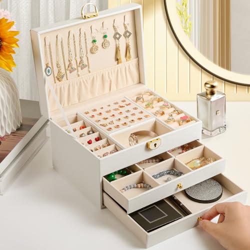 coobest 3 Layer Jewelry Box, Jewelry Holder Organizer with Jewelry Organizer Drawer, Large Jewelry Boxes & Organizer with Velvet Earring Organizer, Lockable Jewelry Holder, Mothers Day Gifts for Mom