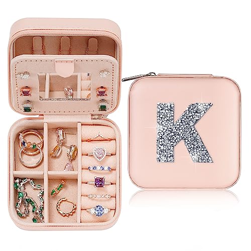 Parima Birthday Gifts for Women - Personalized Small Initial Jewelry Case Pink Jewelry Box Travel Essentials Organizer for Women Mom Friends Female Bridesmaids Teen Girls Teenage Gifts Idea K