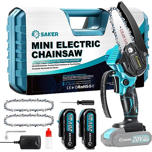 Saker Mini Chainsaw,Portable Electric Cordless Chainsaw,Battery Powered,Small Power Handheld Chain Saws Pruning Shears for Tree Branches,Courtyard and Garden(2PCS 20VBatteries&3 PCS Chains Blue)