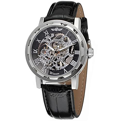 Men's Boy's Fashion Mechanical Wristwatch Transparent Dial with Skeleton Design Leather Band Automatic Manual-Winding Watch