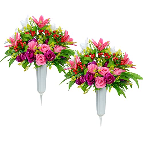 XONOR Artificial Cemetery Flowers with Vase, Set of 2 Artificial Rose Lily Bouquet Graveyard Memorial Flowers for Cemetery Headstones Decoration