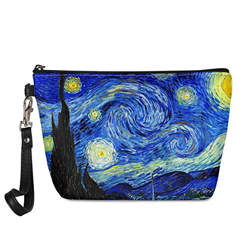 UZZUHI Womens Makeup Bag Travel Cosmetic Case Van Gogh Starry Sky Small Waterprool Leather Clutch Toiletry Bag with Handle Top Zip Portable Handbag for Purse