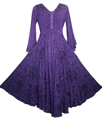 206 D Women's Bohemian Medieval Renaissance Embroidered Bell Sleeve Flared Calf Length Dress Gown (2X, Purple)
