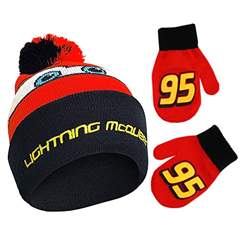 Disney Boys Winter Hat And Mitten Set, Cars Lightning McQueen Toddler Beanie For Ages 2-4, Black/Red/Yellow