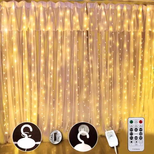 SINAMER White Curtain Light for Bedroom, 300 LED 9.8ft x 9.8ft Window Fairy Curtain String Light with 16 Hooks, 8 Models Remote Control for Wedding Party Home Garden Indoor Decorations