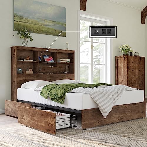 AMERLIFE Queen Size Bed Frame Wooden Platform Bed with 51.2' Storage Bookcase Headboard, 4 Storage Drawers & Charging Station/No Box Spring Needed/Noise Free/Rustic Brown