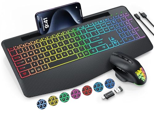 Wireless Keyboard and Mouse with 9 Colored Backlit, Wrist Rest, Jiggler Mouse, Rechargeable Silent Ergonomic Light Up Keyboard Mouse Combo with Phone Holder for Windows, Mac, PC, Laptop (Black)