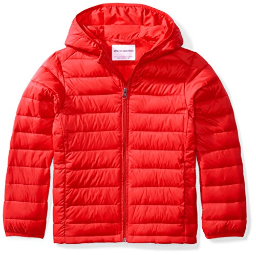 Amazon Essentials Boys' Lightweight Water-Resistant Packable Hooded Puffer Coat, Red, Large