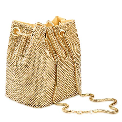 Ayliss Women's Full Rhinestones Bucket Bag Mini Crossbody Shoulder Evening Shinny Bling Clutch Purse Bucket Handbag (Gold)