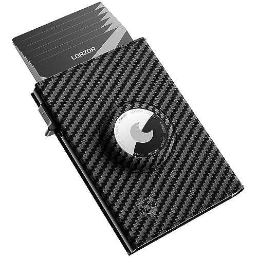LORZOR AirTag Wallet for Men, Pop up Smart Wallet for Apple Air Tag, Carbon Fiber Leather, Slim, Minimalist, Front Pocket, RFID Blocking, up to 12 Cards, Modern Mens Aluminum Slide Wallet Gift