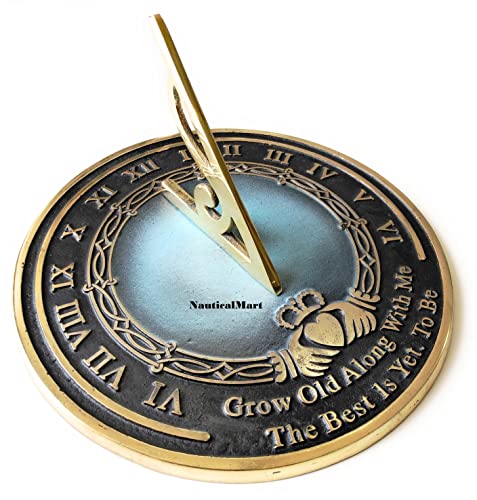 Nautical-Mart Brass Sundial Grow Old with Me (Blue Color), Unique Wedding Gift Idea for Parents, Grandparents, Friends, Couples, Engraved Anniversary Sundial Gift, Garden Or Home Decor Ornament