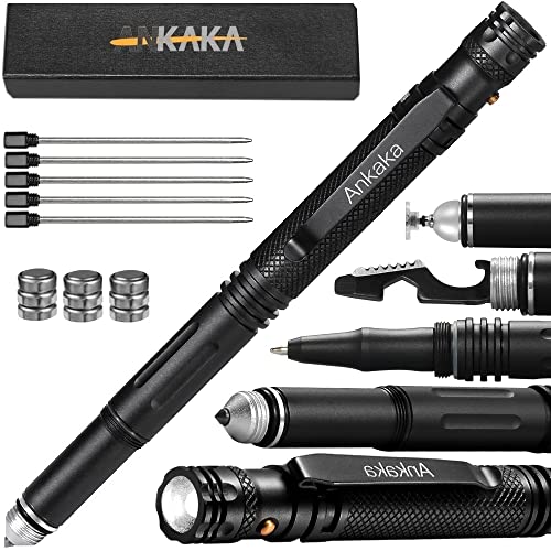 The Most Loaded 7-in-1 Tactical Pen: Solves Others Weaknesses, Self Defense Tip + Flashlight + Ballpoint + Stylus + Bottle Opener + Screw Driver + Hexagonal Wrench, 5 Inks + 9 Batteries + Gift Box