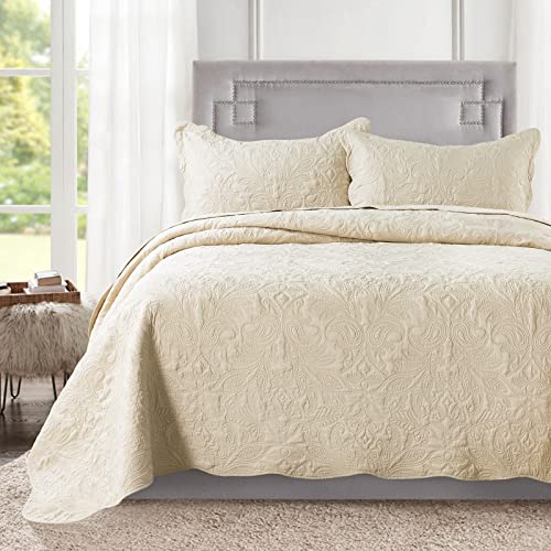 HoneiLife Quilt Set King Size - 3 Piece Embroidered Microfiber Bedspread Reversible Coverlet Lightweight Bedcover Paisley Pattern Bedding Set All Season Quilts-Beige