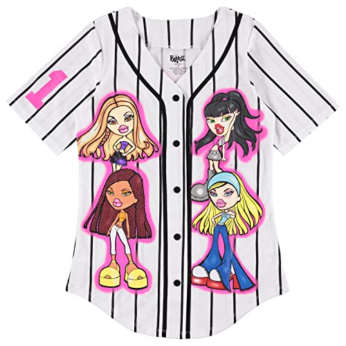 Bratz Ladies Dolls Baseball Jersey - Yasmin, Cloe, Jade, and Sasha Mesh Button Down Baseball Jersey 1990's Shirt (White, Medium)