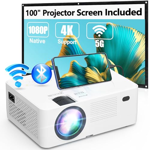 5G WiFi Bluetooth Projector, Full HD Native 1080P Projector 13000Lumens with Wireless Mirroring Screen, Compatible with TV Stick/HDMI/DVD Player/AV for Theater Movies [120' Projector Screen Included]