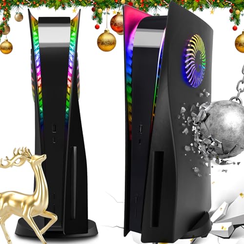 Cover Plates with RGB Light Strip for Playstation 5 Disc Version and Cooling Vent, SIKEMAY PS5 Faceplate PS5 Accessories Bundle Console Skin Shell Custom with 400+ Effects LED Lights Ring - Black