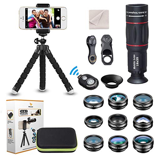 15 in 1 Universal Phone Camera Lens Kit 18X Telephoto lens Wide Angle lens,Macro Lens, Fisheye lens,Kaleidoscope 3/6 lens, CPL/Flow/Star/Radial Filter, Tripod, Remote Shutter for most of Smartphone