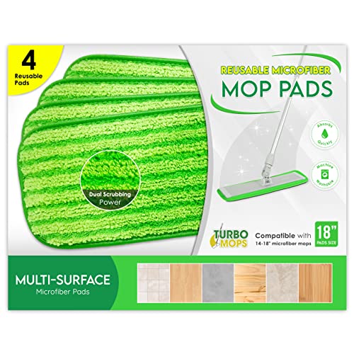 Microfiber Mop Pads 4 Pack - Reusable Washable Cloth Mop Head Replacements Best Thick Spray Wet Dust Dry Flat Velcro Attachment 18' Inch - Cleaning Refill Fits Bona, Bruce, Rubbermaid, Libman + More