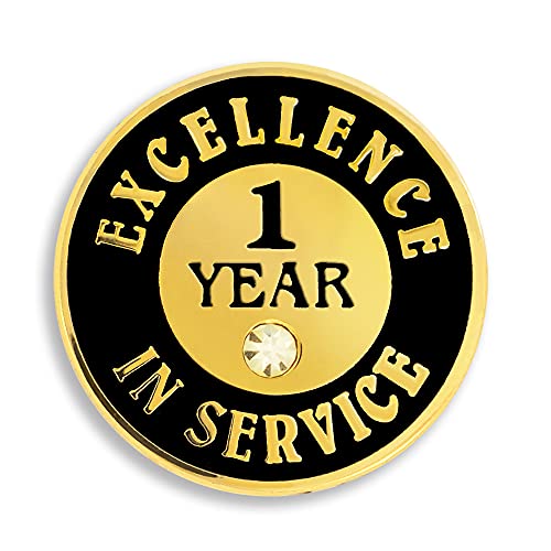 PinMart Gold Plated Excellence in Service Year Award Lapel Pin – Metal Enamel Workplace Reward Pin w/Rhinestone – 1-60 Years Pins for Long Standing Employees